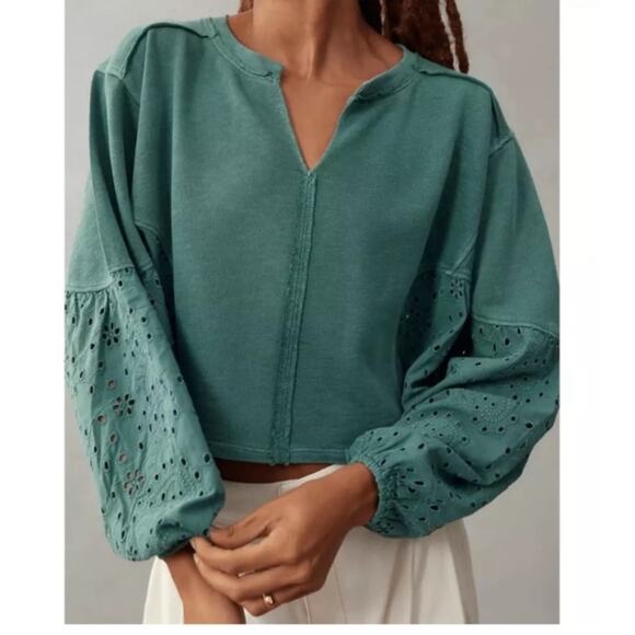 Pilcro | Batwing Eyelet Sleeve Crop Top Boho Festival Olive Green XSP Petite - Picture 2 of 7